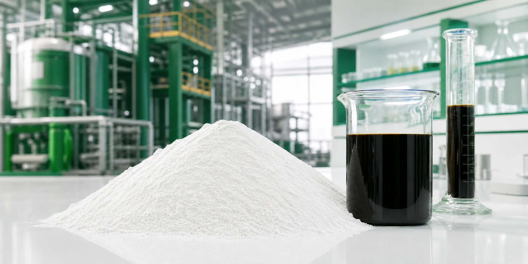 Oilfield organoclay powder with laboratory glassware and production background